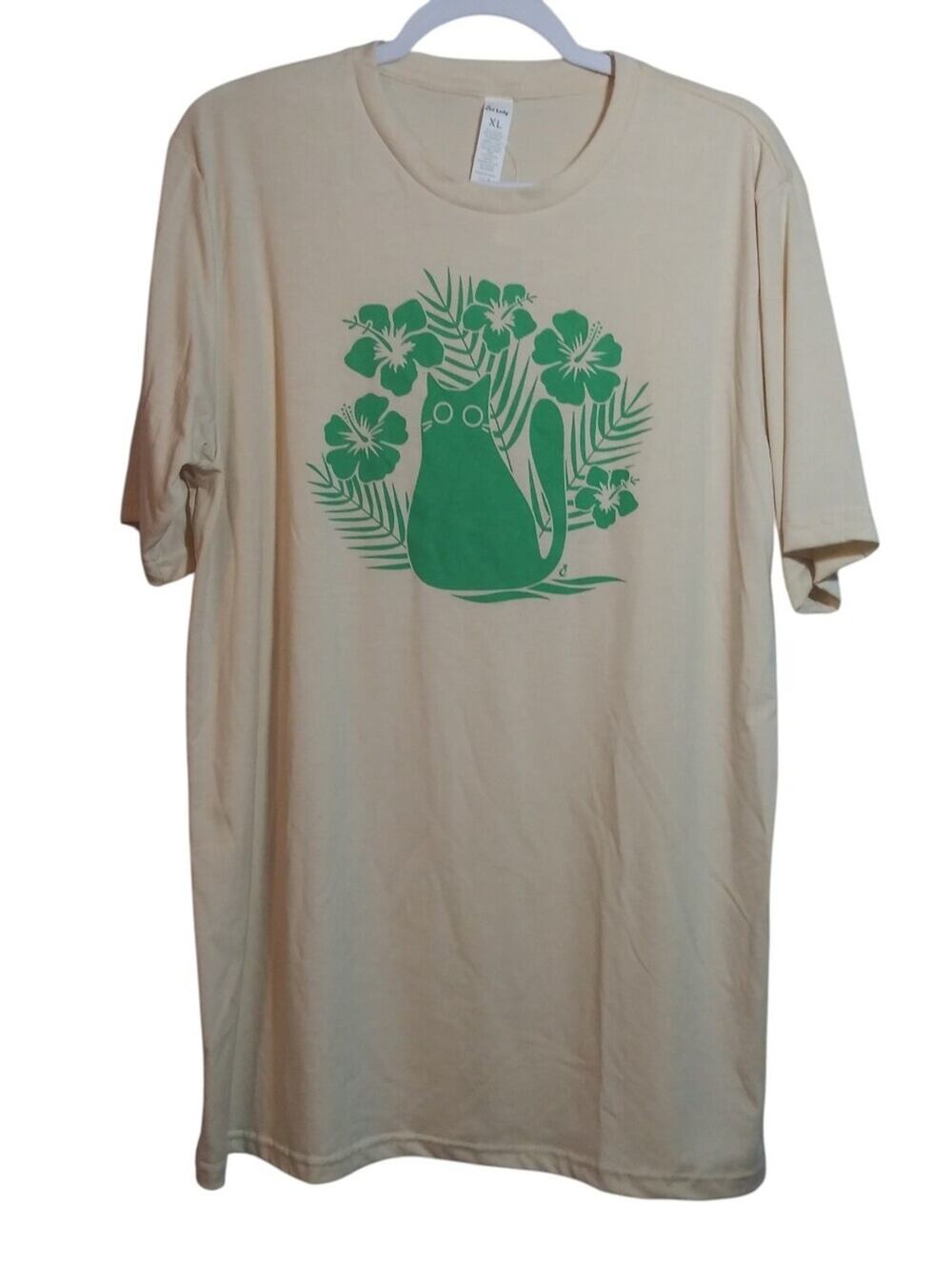Cat Lady Boxy T-Shirt with Green Hibiscus Floral Cat Graphic Size XL